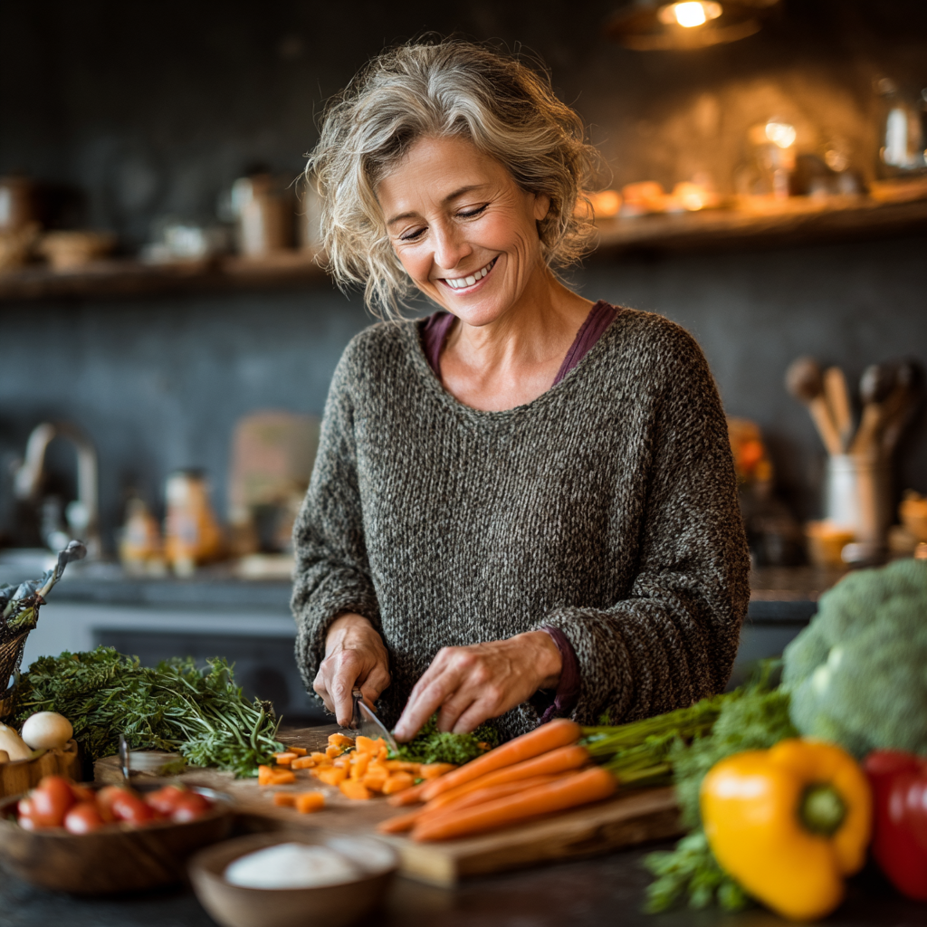 Middle-aged woman in her 50s preparing a healthy balanced meal in a modern kitchen, smiling while chopping fresh vegetables