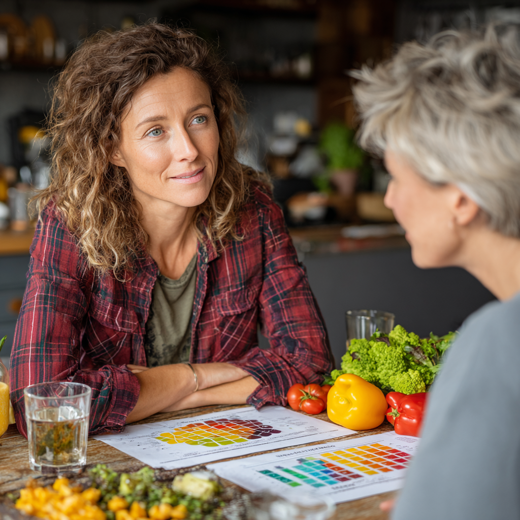 Nutritionist in her 40s consulting with a middle-aged client, both sitting at a table with healthy food samples and nutrition charts