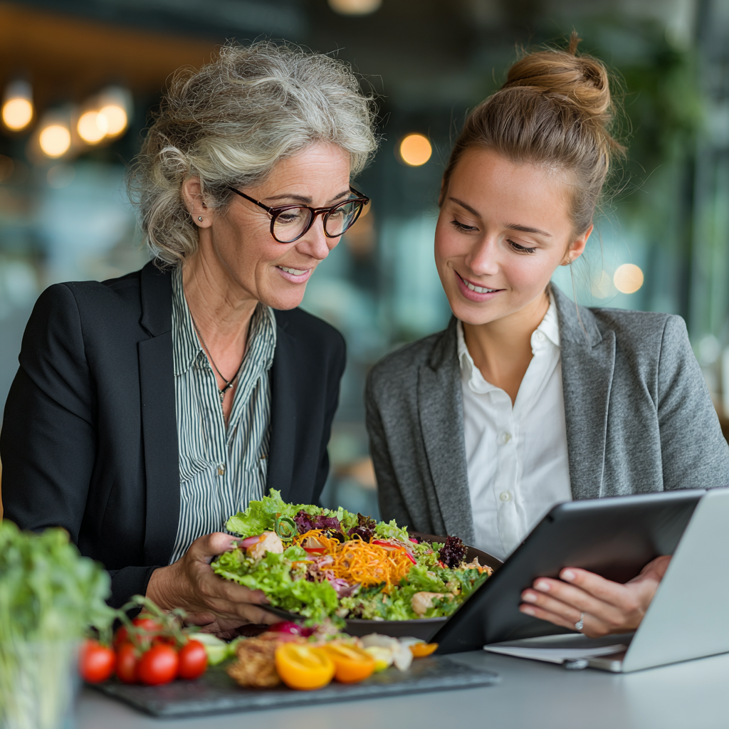 Professional nutritionist in her late 40s having a consultation with a client, both looking at healthy meal plans on a tablet in a bright, modern office